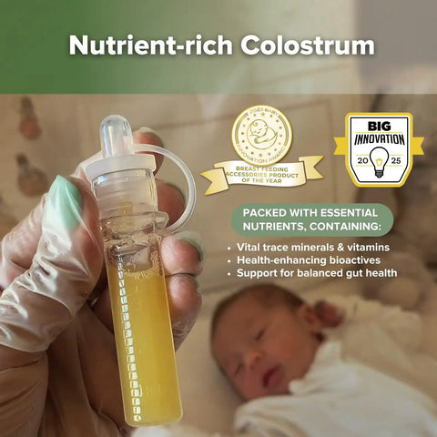 Fresh Mama Game Changer Colostrum Collector Set Bpa Free Silicone Collection Cups Easy Breast Milk Kit Includes Storage Case And Wipes Hassle Free Nursing Feed Support For New Moms with nutrient-rich colostrum in a syringe.