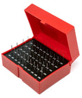 Steel Pin Gauge Set With Plastic Case 50 Pieces 0.011 To 0.060 Inch Range, 2 Inch Long, Hardened 60/62 RC, Tolerance Plus Minus 0.0002 Inch, Ideal For Hole Size And Spacing Checks In The Shop For Machinists. Open red plastic case with steel pin gauges