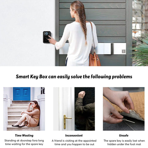 Wireless Key Lock Box With App Access And Bluetooth Ekey Dope Biometric Lockbox mounted outside home with backlit keypad