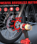 One Half Inch Cordless Impact Wrench Compatible With Milwaukee Eighteen Volt Packs Delivers Three Hundred Foot Pounds Brushless Torque And A Sharp LED Lamp for tightening motorcycle wheel nuts.