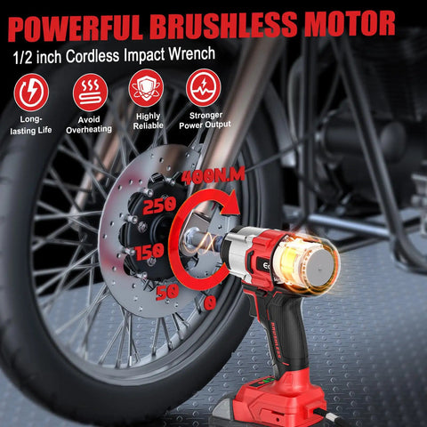 One Half Inch Cordless Impact Wrench Compatible With Milwaukee Eighteen Volt Packs Delivers Three Hundred Foot Pounds Brushless Torque And A Sharp LED Lamp for tightening motorcycle wheel nuts.