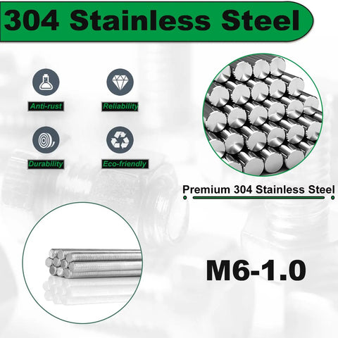 Heavy Duty Fully Threaded Rod Set 6 mm M6 1.0 Pitch 250 mm 304 Stainless Steel Right Hand Threads 4 Pack, anti-rust features