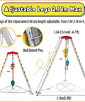 Rugged Confined Space Tripod Rescue Rig Featuring Heavy Duty Winch Choices And Dependable Fall Protection Gear showing adjustable legs up to 2.14m.