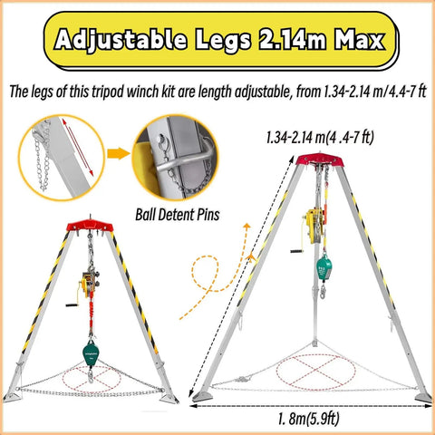 Rugged Confined Space Tripod Rescue Rig Featuring Heavy Duty Winch Choices And Dependable Fall Protection Gear showing adjustable legs up to 2.14m.