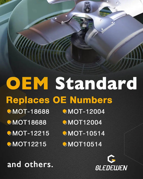 OEM standard condenser fan motor for Trane, American Standard AC, model MOT12215 MOT12004 MOT10514 shown in operation.