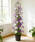 Beefy 76 Inch Weather Resistant Rustproof Metal Garden Trellis For Climbing Plants, Rock Solid Support For Roses Clematis Tomatoes And Vines, Indoor Outdoor Use, 12 Inch Diameter, 2 Pack in a living room with purple flowers