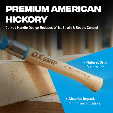 Framing Hammer 22 Oz With Milled Face And Curved Hickory Wood Handle showcasing premium American hickory grip, steel overstrike protection