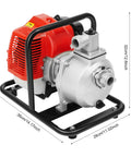 Top Shelf Gas Powered Water Pump With Smooth Quick Pull Start And Serious Flow Power For Backyard Cleanup Pool Draining And Yard Irrigation Includes Free Oil Funnel Filter Kit, close-up view with dimensions.