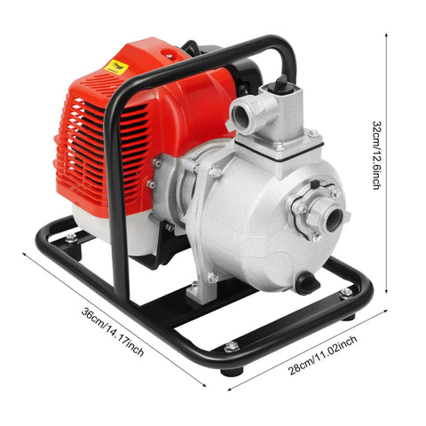 Top Shelf Gas Powered Water Pump With Smooth Quick Pull Start And Serious Flow Power For Backyard Cleanup Pool Draining And Yard Irrigation Includes Free Oil Funnel Filter Kit, close-up view with dimensions.