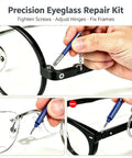Close-up of No Sweat 3 In 1 Eyeglass Repair Kit Keychain Screwdriver tightening screws on black eyeglasses with blue handle.