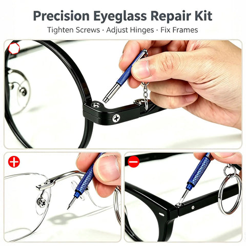Close-up of No Sweat 3 In 1 Eyeglass Repair Kit Keychain Screwdriver tightening screws on black eyeglasses with blue handle.