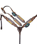 Custom Western Leather Headstall And Breast Collar Tack Set Showcasing Fire Painted Finish with leaf carving and antique copper hardware.