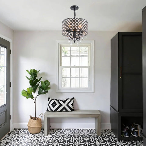 Black Crystal Chandelier Pendant Light Modern Drum Shade With Raindrop Crystals Four Light Hanging Fixture in entryway