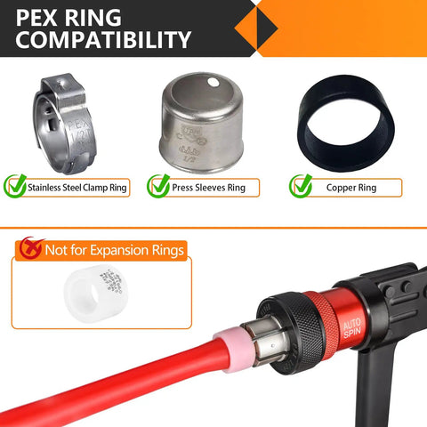 Ten Piece PEX Fittings Set With Brass Crimp Fittings For One Half Inch PEX To One Half Inch Female NPT Swivel Elbow For Potable Water Certified To ASTM F1807 And NSF ANSI 61 Lead Free showing compatible crimp rings and tool