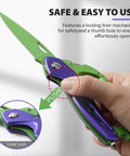 Six In One Multitool Carabiner With Folding Knife And Bottle Opener For Camping And Hiking, EDC Gear Including Phillips And Flathead Screwdrivers, Window Breaker, Practical Gift For Women And Men In Purple And Green being held open