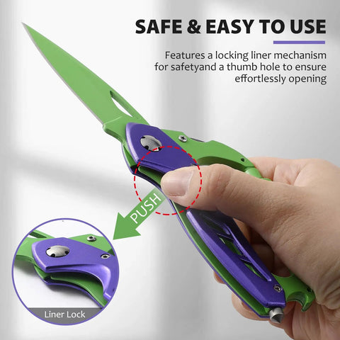 Six In One Multitool Carabiner With Folding Knife And Bottle Opener For Camping And Hiking, EDC Gear Including Phillips And Flathead Screwdrivers, Window Breaker, Practical Gift For Women And Men In Purple And Green being held open