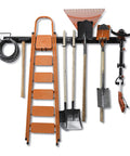 Heavy Duty Wall Tool Storage Rack With Shelf and Adjustable Hanger System for Garage Organization, 9 Hooks, 2 Rails, tools displayed