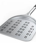Pizza peel, 12-inch aluminum perforated surface with black grip handle; vented turning paddle for oven use