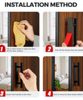 Installation guide for 4 Pack Adhesive Cabinet Handles Peel and Stick Black Pull Handles, showing steps with images on door application.