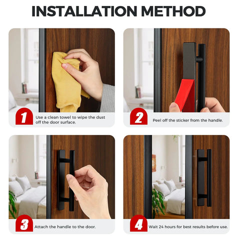 Installation guide for 4 Pack Adhesive Cabinet Handles Peel and Stick Black Pull Handles, showing steps with images on door application.