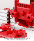 Rock Solid Variable Pressure Featherboard 2 Pack adjustable tension control mounted on router table, red plastic, prevents kickback.