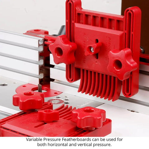 Rock Solid Variable Pressure Featherboard 2 Pack adjustable tension control mounted on router table, red plastic, prevents kickback.