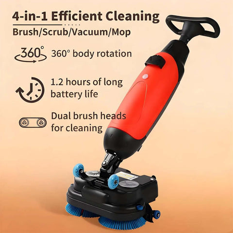Cordless Electric Floor Scrubber 36V 10.5Ah Heavy Duty Industrial Scrubber With Dual 4L and 6L Tanks, Portable Red Machine