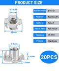 Detailed dimensions of Twenty Pack 5/16-18 Tee Nuts 304 Stainless Steel Four Pronged for wood, cabinetry, and rock climbing holds.