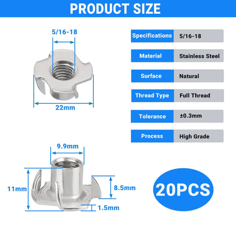 Detailed dimensions of Twenty Pack 5/16-18 Tee Nuts 304 Stainless Steel Four Pronged for wood, cabinetry, and rock climbing holds.