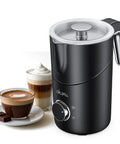 8 In 1 Milk Frother And Steamer With 21oz Capacity Detachable Design Three Temperature Settings Electric Hot And Cold Foam Maker, shown with latte and cappuccino.