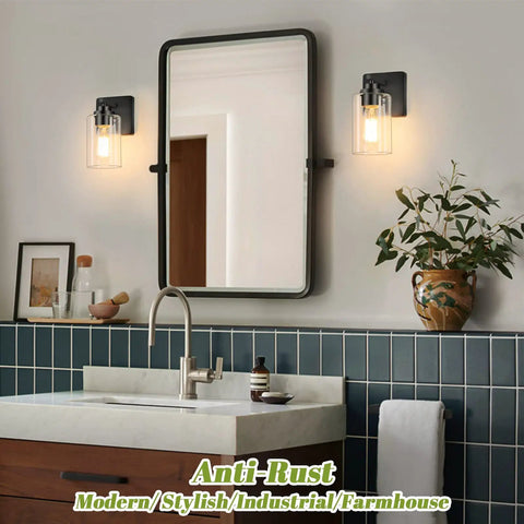 Modern Wall Sconces Set Of Two For Bathroom Vanity Killer Matte Black Finish With Clear Glass Shades rustproof waterproof beside mirror.