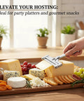 Built Tough Adjustable Cheese Slicer With Sharp Wire Cutter And Super Clutch Mini Silicone Tongs cutting cheese on a charcuterie board.
