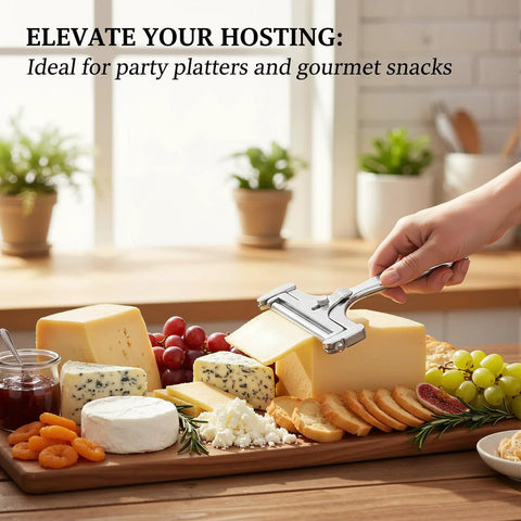Built Tough Adjustable Cheese Slicer With Sharp Wire Cutter And Super Clutch Mini Silicone Tongs cutting cheese on a charcuterie board.