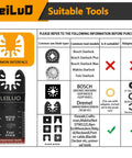 Compatibility chart showing tool models compatible with 15 Pcs Oscillating Tool Blades Set With Japanese Tooth, 70mm Extra Long Titanium.