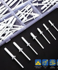 130 Piece White Aluminum Blind Rivet Kit With 7 Sizes, Steel Mandrel Pop Rivets Assortment For Metal, Furniture, And Automotive Projects, Large Flange Rivets For Strong, Quick Fixes displayed in a plastic box with various sizes on a black background.