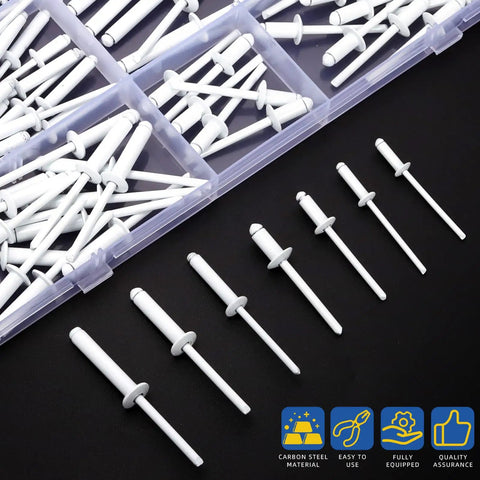 130 Piece White Aluminum Blind Rivet Kit With 7 Sizes, Steel Mandrel Pop Rivets Assortment For Metal, Furniture, And Automotive Projects, Large Flange Rivets For Strong, Quick Fixes displayed in a plastic box with various sizes on a black background.