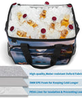 Leakproof Insulated Picnic Backpack Cooler Bag With 30L Capacity filled with ice and bottles, showcasing durable Oxford fabric and insulation layers.