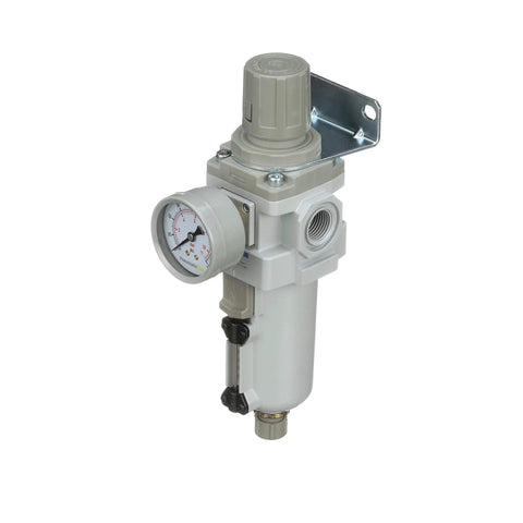 Piggyback Air Filter Regulator Combo Half Inch NPT with metal bowl and manual drain gauge and bracket