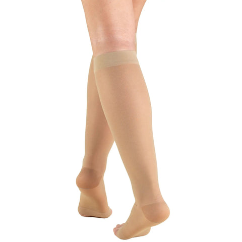 Womens Knee High Compression Stockings 15 To 20 Mmhg Sheer Nude Nylons 20 Denier Open Toe Support Hose with soft top above knee.