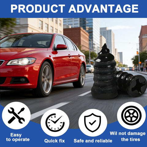 60 Piece Tire Repair Kit With Spiral Screw In Plugs And Included Screwdriver For Car Truck Motorcycle SUV Tubeless Puncture Emergency DIY Fix On The Go visible with car in city.