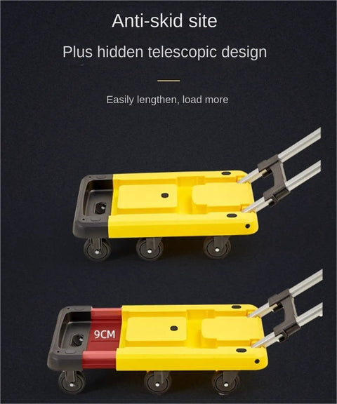 Heavy Duty Folding Platform Hand Truck With 6 Wheels Trolley Cart And Stretchable Handle For Home And Office Use Yellow, Anti Slip Chassis, Telescopic Design, Foldable, Space Saving All Purpose Cargo Carrier, 9cm extended