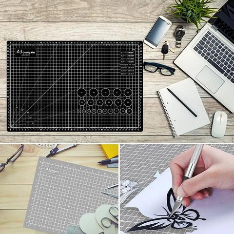 Thickened Pro Grade Self Healing Cutting Mat 18x12 Inches Double Sided 5 Ply Rotary Cutting And Sewing Surface Grey Black on desk