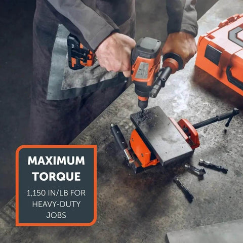 User drilling with the 18V Brushless Cordless Drill Driver Set Packs Badass Torque And Four Speeds Hammer Mode on a workbench.