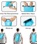 Steps to seal Dry Bag Waterproof Backpack Roll Top With Double Zipper Seal, 20L, Sky Blue, worn by person, adjustable strap
