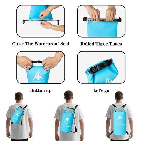 Steps to seal Dry Bag Waterproof Backpack Roll Top With Double Zipper Seal, 20L, Sky Blue, worn by person, adjustable strap