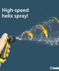 Person using Two Pattern Vortex Garden Hose Sprayer Nozzle With Quick Connect Adapter Slip Resistant Grip Jet And Vortex Spray