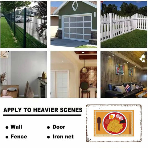 Old School Metal Sign Mie Ramen Tin Sign 8x12 Inch For Home Office Garage Decor with various hanging scenes like wall and fence.