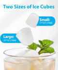 Ice cubes in two sizes (small 17×20×27mm, large 24×19×27mm) shown above a glass with mint.