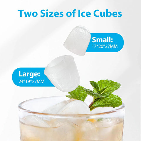Ice cubes in two sizes (small 17×20×27mm, large 24×19×27mm) shown above a glass with mint.