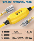 Outdoor GFCI Extension Cord 3 Ft Heavy Duty 12/3 SJTW With LED Indicator Light 3 Prong Plug 15A 125V 1875W Yellow UL Listed Weatherproof Electric Power Cord